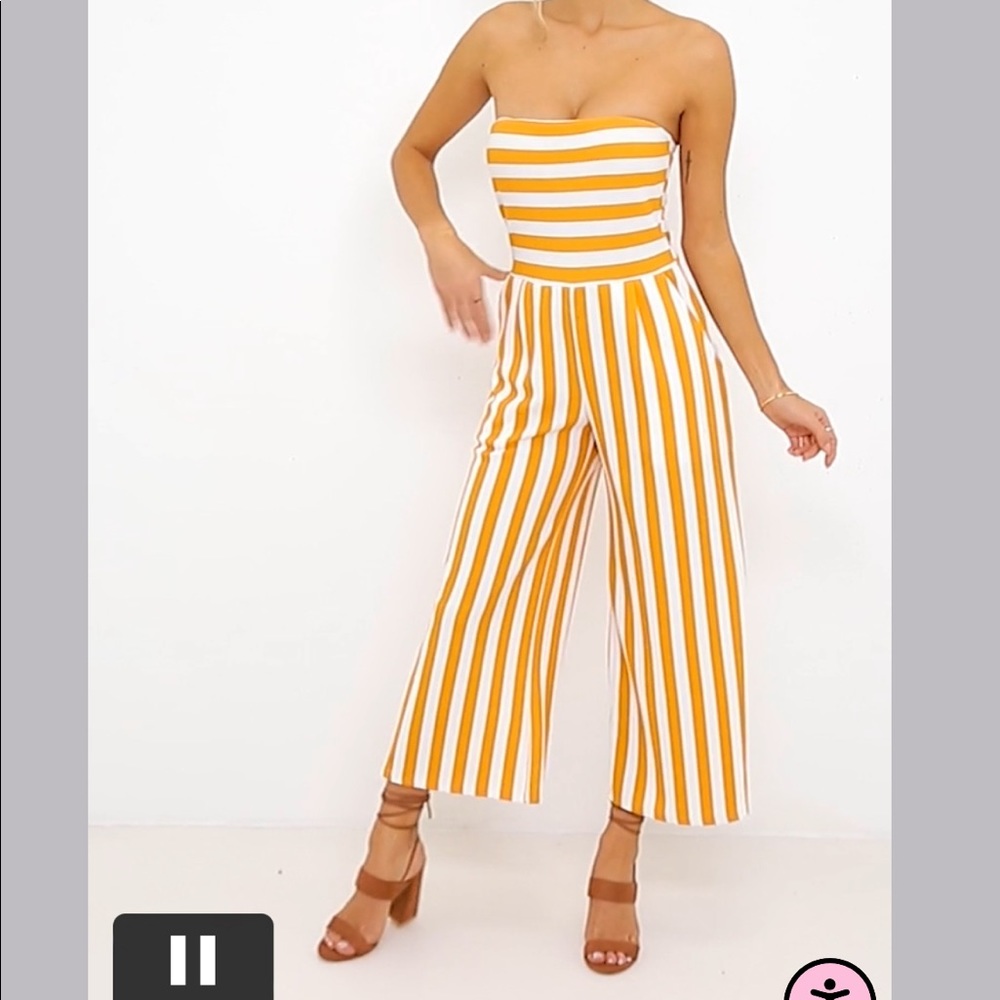 Pretty Little Thing Mustard Contrast Stripe Bandeau Culotte Jumpsuit US 12